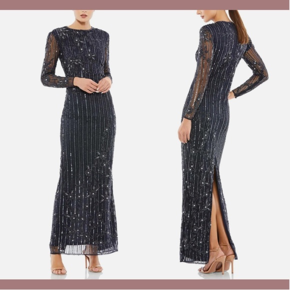 NWT $598 Mac Duggal [ 16 ] Embellished High Neck Long Sleeve Gown Blue‎ - Picture 2 of 15